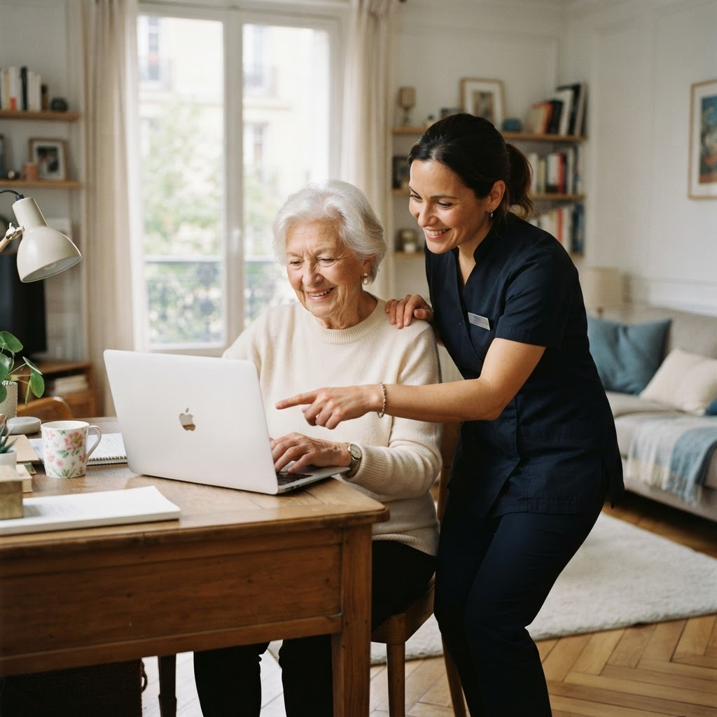 Caregiver helping a senior person use a laptop at home with patience and support