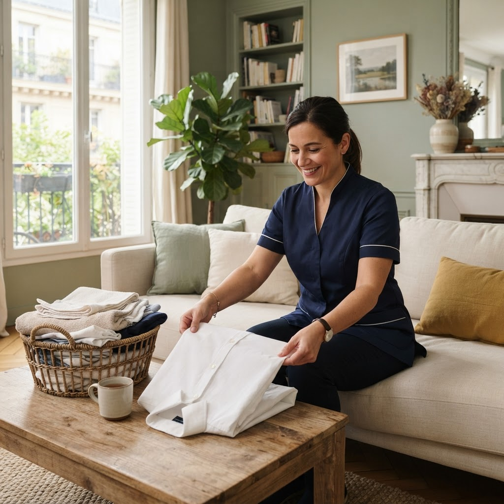 Home helper tidying a living room with clean laundry in a bright welcoming space
