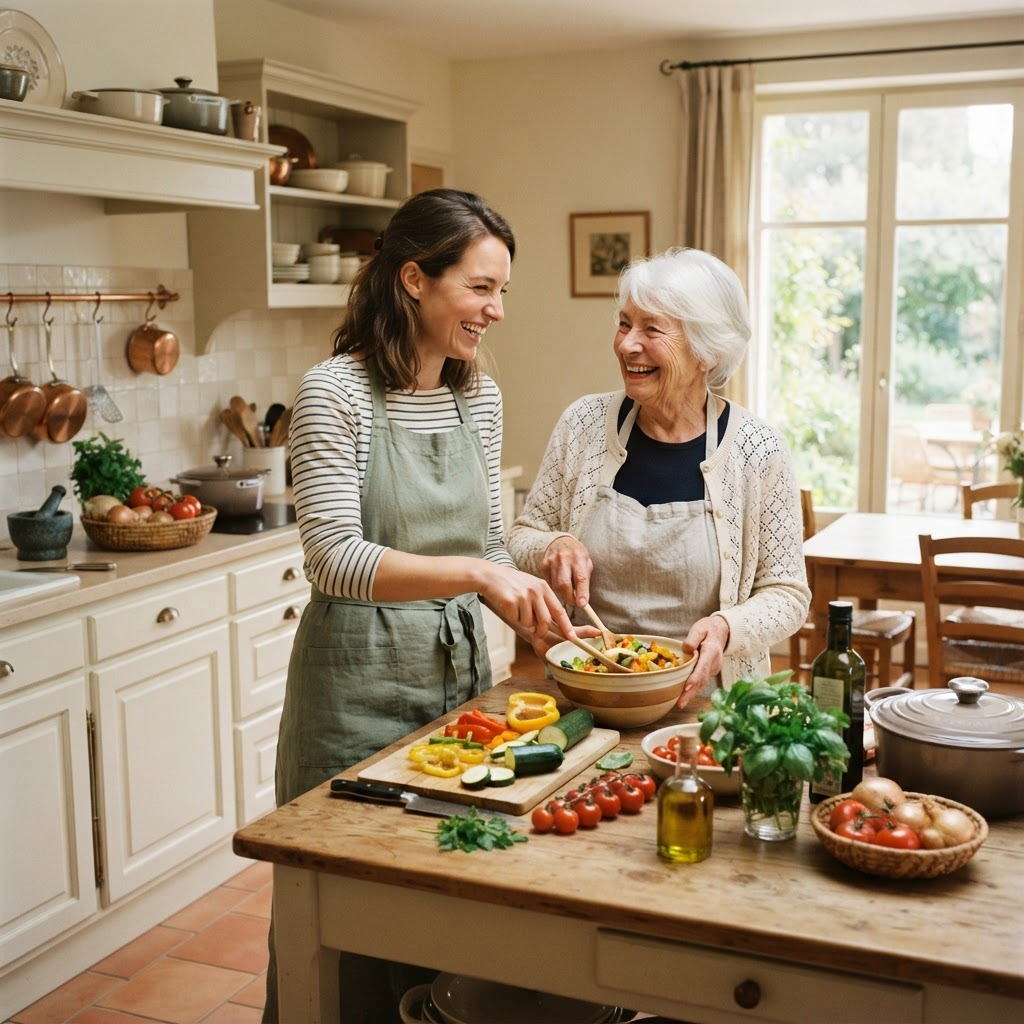 Caregiver and elderly person preparing a healthy meal together in the kitchen
