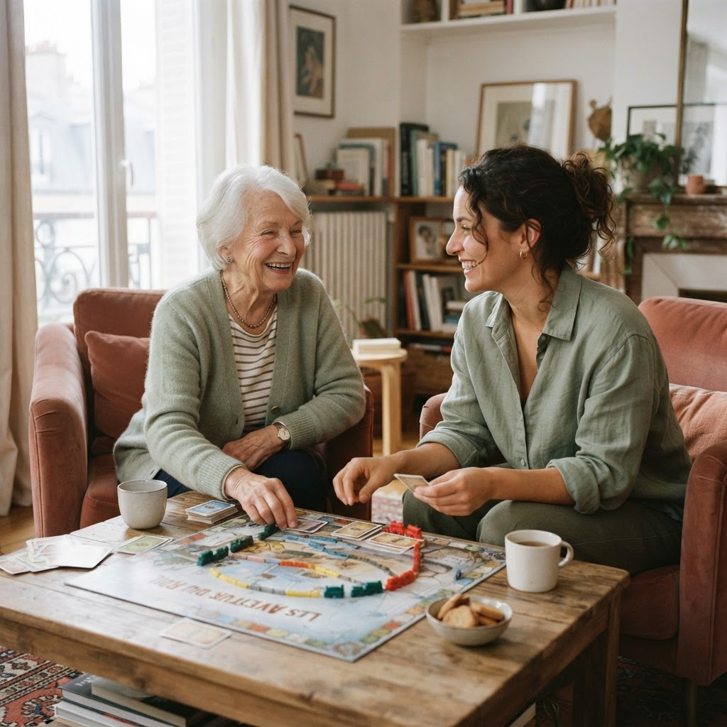 Joyful senior and caregiver enjoying a board game and conversation in a sunlit living room
